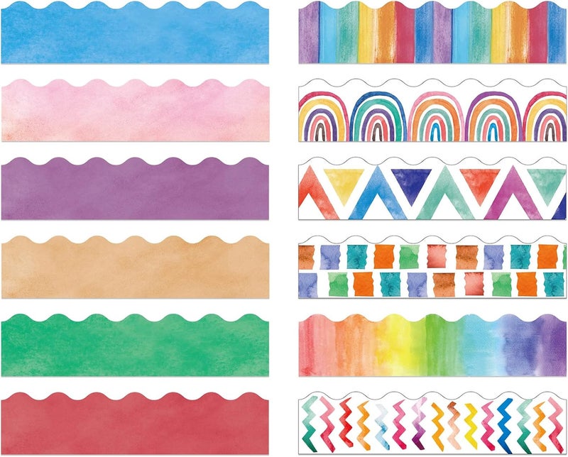 Geyee 240 Pcs 236ft Holiday Bulletin Board Borders Colorful Rainbow Scalloped Border Trim Bulk Bulletin Decor for Classroom Back to School Decor(Watercolor Style) - Image 1